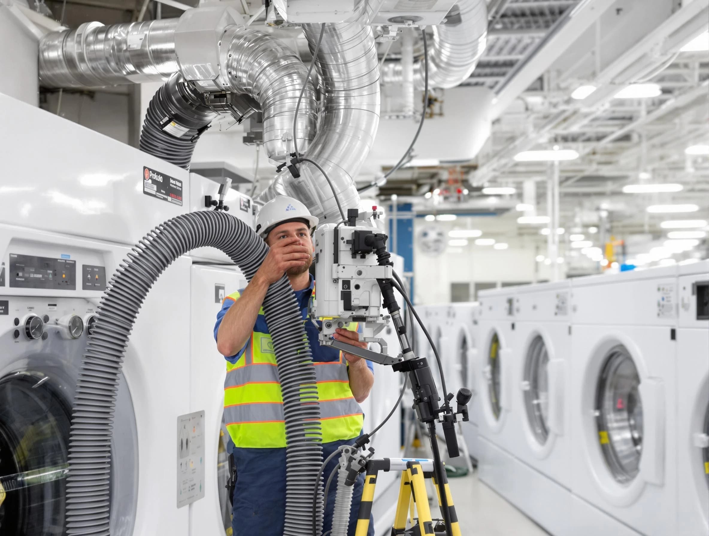 Westminster Dryer Vent Cleaning team performing commercial-grade dryer vent cleaning at a business facility in Westminster