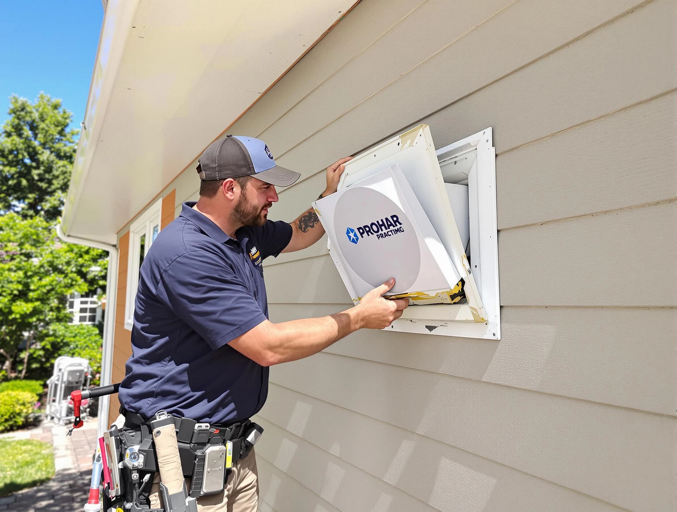 Westminster Dryer Vent Cleaning technician installing a new protective dryer vent cover on a home in Westminster