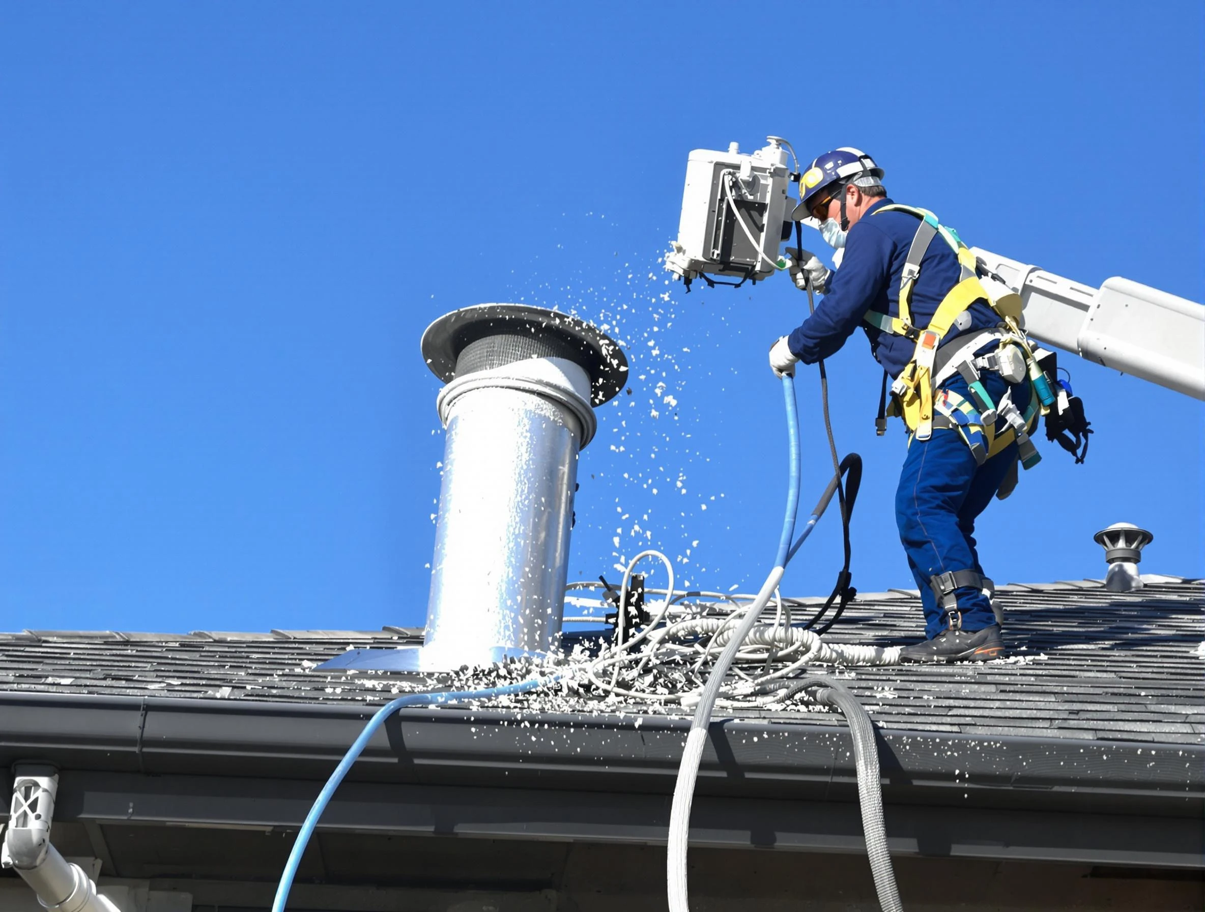 Westminster Dryer Vent Cleaning certified technician safely cleaning a roof-mounted dryer vent in Westminster