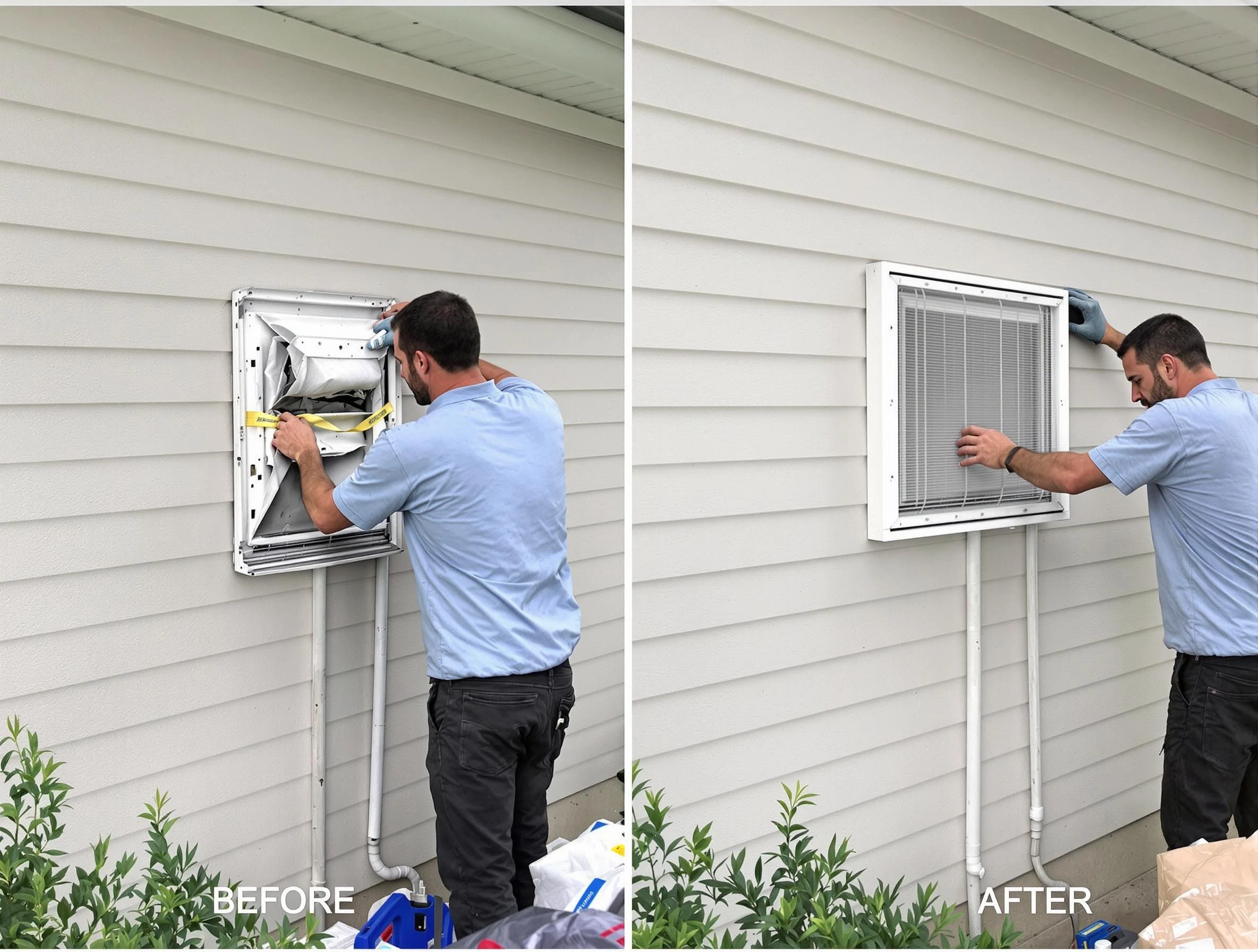 Westminster Dryer Vent Cleaning technician installing high-quality dryer vent cover at a residential property in Westminster